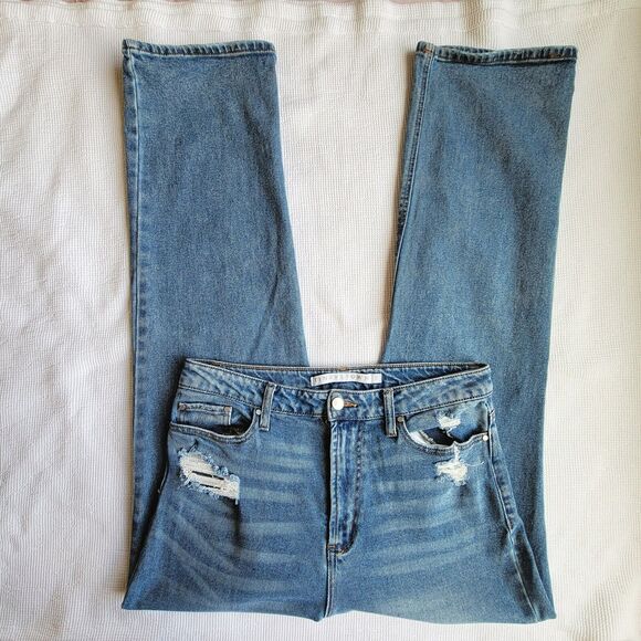 TINSELTOWN Medium Wash Straight Leg Jeans Sz Junior 11 / 33 Distressed High Rise - Picture 1 of 9